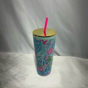 LILY PULITZER Floral Tumbler with Gold Lid and neon Pink Straw. New!